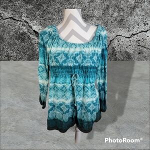 Womans Liz Wear Top 3/4 Sleeves Elastic neck Peasant top Size Large